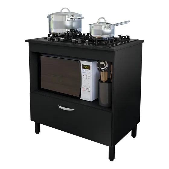 Balcão De Cozinha Compacto Para Cooktop 4 Ou 5 Bocas Com 1 Porta E Nicho Para Forno Cor Preto