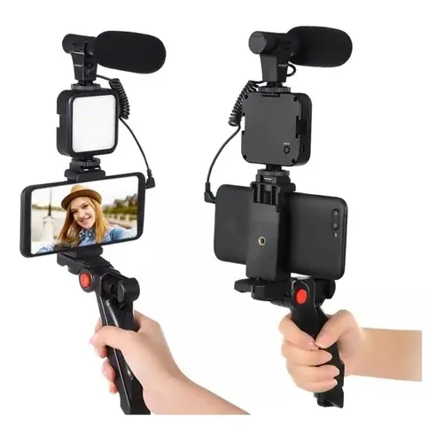 Estabilizador Celular Kit Grabación Trípode Micrófono Led Color Negro