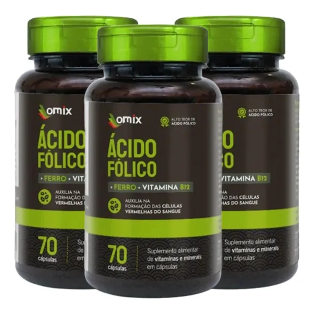 3x Ácido Fólico Ferro Vitamina B12 - 70 Cápsulas Omix