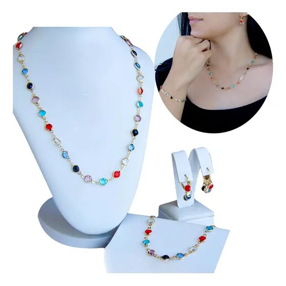 Kit Brinco Colar Pulseira Com Pedra Colorida Banhado A Ouro