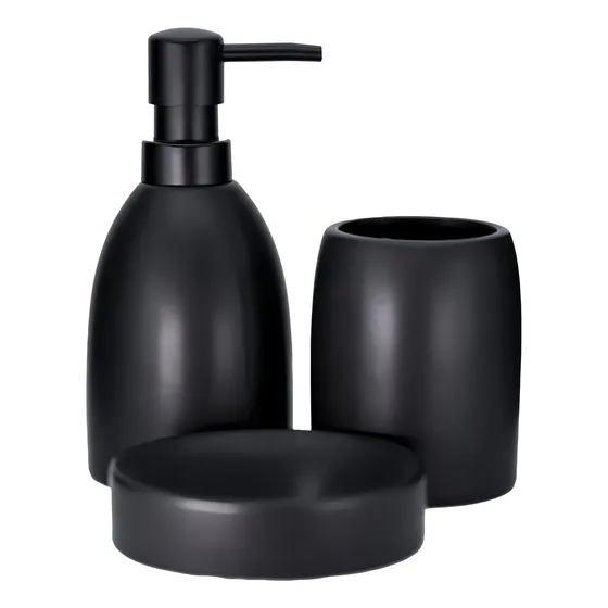 Jogo Banheiro Porcelana Ônix 3pçs Saboneteira Copo Dispenser Preto