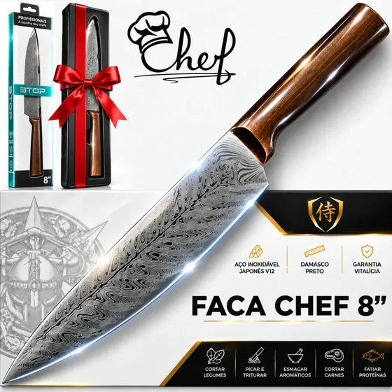 Faca Chef 8 Pol Primordial Profissional para Mise en Place com Lâmina Afiada em Aço Inox Estilo Damasco Corte Preciso Julienne Brunoise Chiffonade Cubos Porcionar Picar Fatiar Balanceada Cabo Amadeira