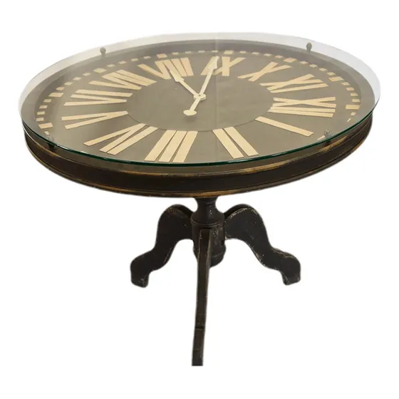 Mesa Lateral Antiga Com Relógio De Mdf E Vidro