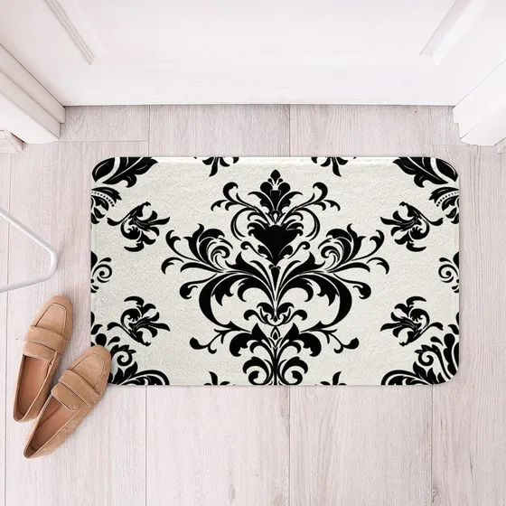 Tapete Baño Damasco Barroco 16 X 24  Color Negro Blanco Para