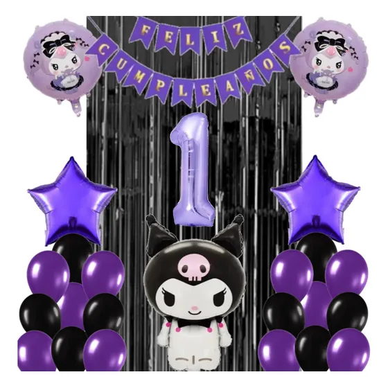 Combo Deco Kuromi Violeta + Estrellas + Feliz Cumpleaños