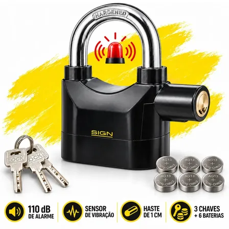 Cadeado Grande Com Alarme Sonoro Antifurto Reforçado Resistente Para Portas Portões Bicicleta Moto Prova De Água Sensor Vibração Sirene Alta 110dB Premium Sign