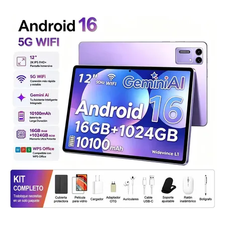 Laptop Economicas Yinber MatePad SE 2 EN 1 12 Pulgadas 16GB RAM 1024GB Snapdragon 8 Gen 3 Android 16 Gemini AI Doble‑SIM Bluetooth 5.4 Batería 10100mAh con teclado Funda Y Ratón lápiz óptico