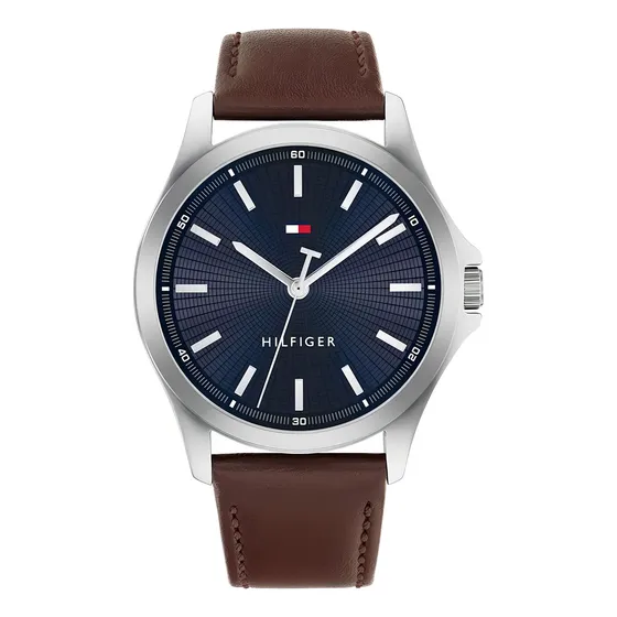 Reloj Tommy Hilfiger Hombre Bruce 1710669 Acero Cuero Malla Marrón Bisel Plateado Fondo Azul