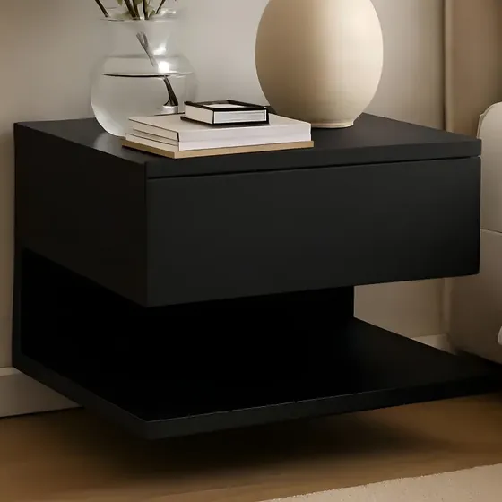 Mesa De Luz Flotante Con Cajon Estilo Nordica Color Negro Muebles Web | Cuotas sin interés