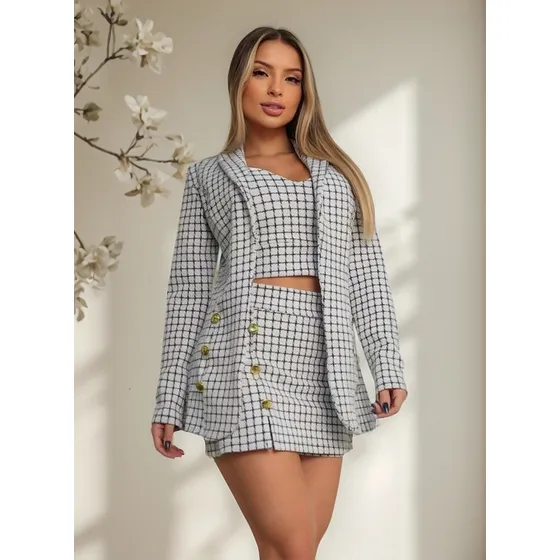 Conjunto Short Saia E Cropped Blazer Terninho Feminino Lindo