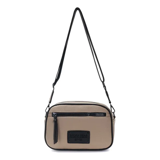 Cartera Bandolera De Cuero Graneado Pu Skora Caqui Lisa Negro Negro