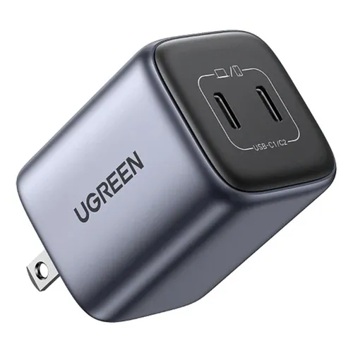 Cargador Carga Rápida Doble Puerto USB C de 45w Ugreen para iPhone, Macbook, iPad, Samsung, de color Gris
