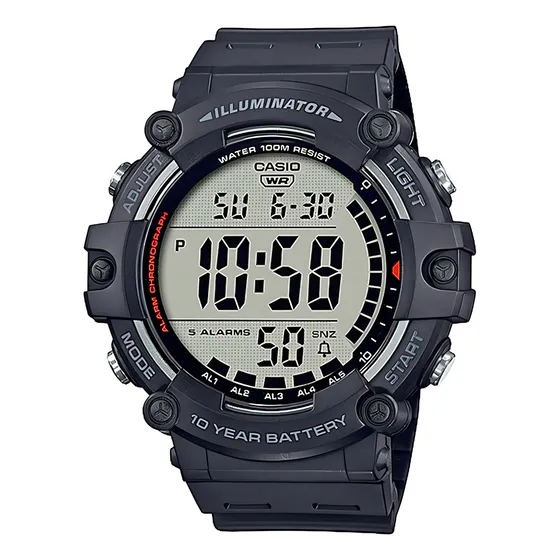 Reloj de pulsera Casio Youth AE-1500WH-1A de cuerpo color negro, digital, fondo gris, con correa de resina color negro, dial negro, minutero/segundero negro, bisel color negro y plateado, luz ámbar