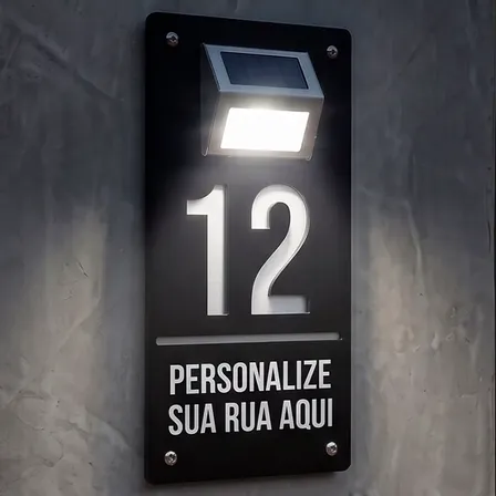 Número Residencial Placa Com Led Lâmpada Solar Moderna 20x40 Aço Escovado E Preto Fosco
