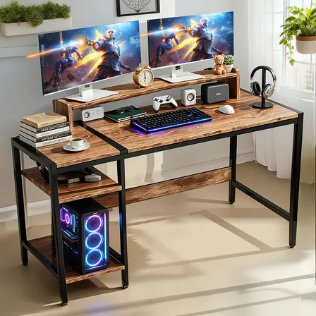 Furrific® Escritorio Para Computadora,furrific Escritorio Con Estante Removible,escritorio De Computadora De Doble Capa… Marrón Oscuro