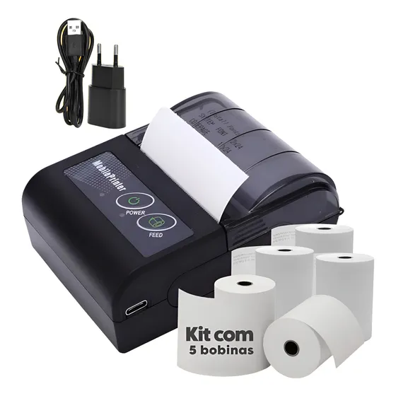 Mini Impressora Termica Portatil Bluetooth Kit C/ 5 Bobinas