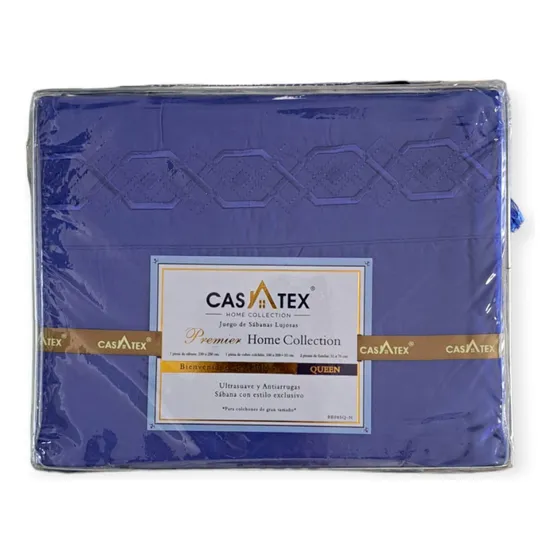 Juego De Sabanas Premium Queen Size 2 Plazas Y Media Casatex Color Azul Francia Diseño De La Tela Liso