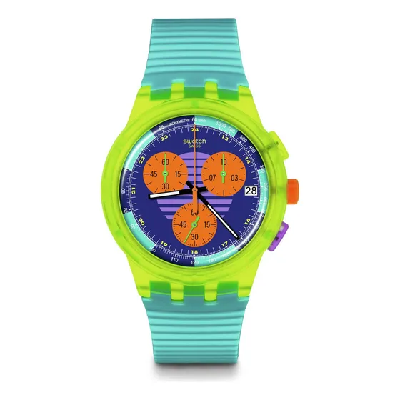 Reloj Swatch Swatch Neon Wave Susj404 Correa Verde Bisel Transparente Fondo Azul