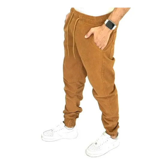 Calça Masculina Jogger Bege Com Elástico Na Cintura E Barra