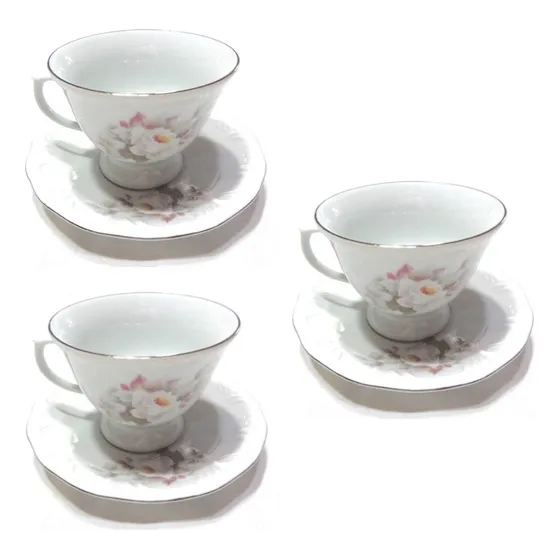 3 Xícaras De Chá Com Pires Vitoria Porcelana Schmidt