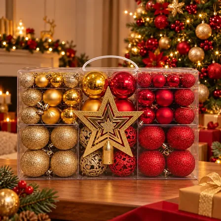 Kit 100 Bolas + Estrela Pendentes P/ Decoração Árvore De Natal Bolinhas Lisas/foscas/glitter - Mesclado Vermelho E Dourado Premium Pítia