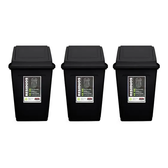 Cesto Residuos Reciclado 55lts Tapa Vaiven X 3u Colombraro Color Negro