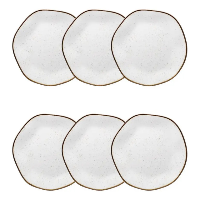 Conjunto De 6 Pratos Sobremesa 21,5cm Ryo Maresia Branco/marrom Conjunto De 6 Pratos Sobremesa 21,5cm Ryo Maresia Branco/marrom