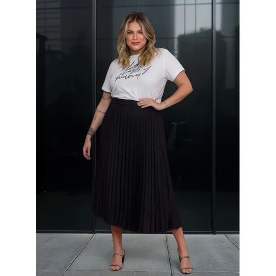 Saia Feminina Midi Plissada Plus Size Tendência Cores Lisas 