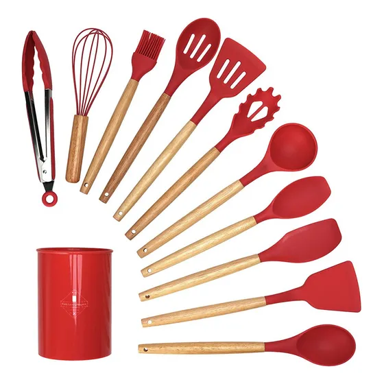 Set X12 Utensilios De Cocina Mango Madera Punta Silicona ..