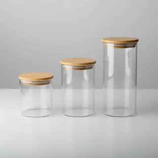 Kit 3 Potes Mantimentos De Vidro Tampa De Bambu