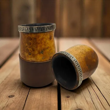 Cuia Bago De Touro+suporte Couro Virola Alpaca Maciça