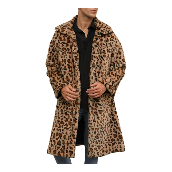 Abrigo Peludo Cálido De Leopardo Sintético Con Cuello Vuelto