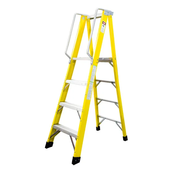 Escalera Industrial Plataforma Fibra De Vidrio 4 Peldaños Marca Aspor Modelo 154-as Peldaños Resistentes De Aluminio Soportan 150kg Con Plataforma Cuadrada Para Colocar Herramientas Y Pinturas