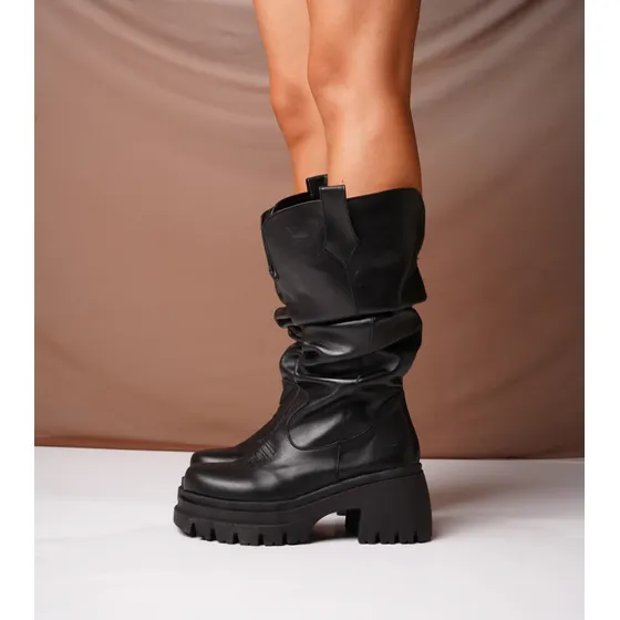 Botas Largas Bucaneras Negras Arrugada Plataforma Cuero Borc