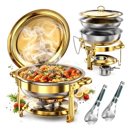 Rechaud Redondo 6 L Aço Inoxricho Comida Banho Maria Buffet Dourado