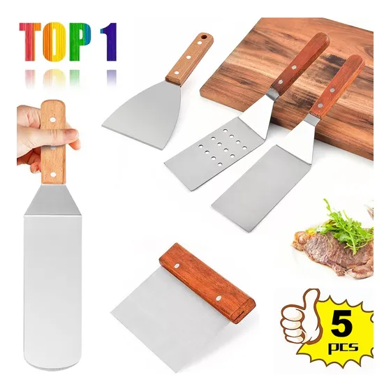 Akgodofwar - 5 Piezas Raspador Espátula Profesional - Juego De Plancha De Acero Inoxidable Pancake Espátula Y De Ideal Para Parrilla De Barbacoa Parrilla De Cocción Y Con Parte Superior Plana