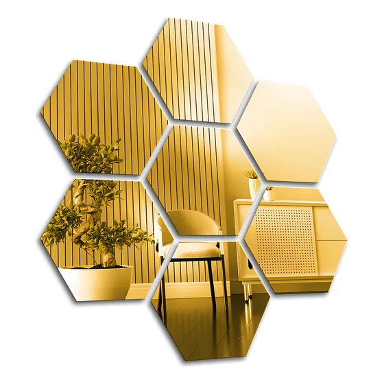 Vinilo Decorativo Espejo En Acrílico Pared Adhesivo Hexagonal Hexágono Color Dorado