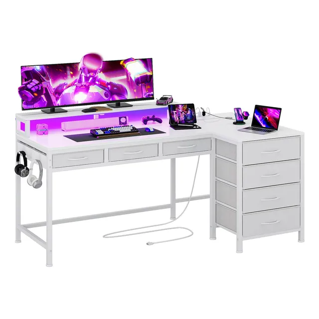 Escritorio Modern Corner De L Con 7 Cajones Y Luces Led