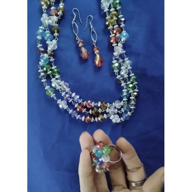 Conjunto Collar Largo De Cristal Checo, Zarcillos Y Anillo