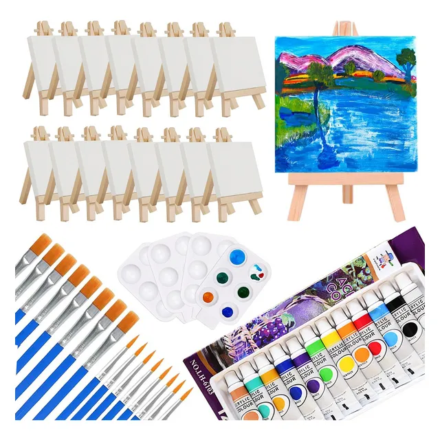 Mini Caballete De 16 Piezas,lienzo Con 12 Pintura Acrílica