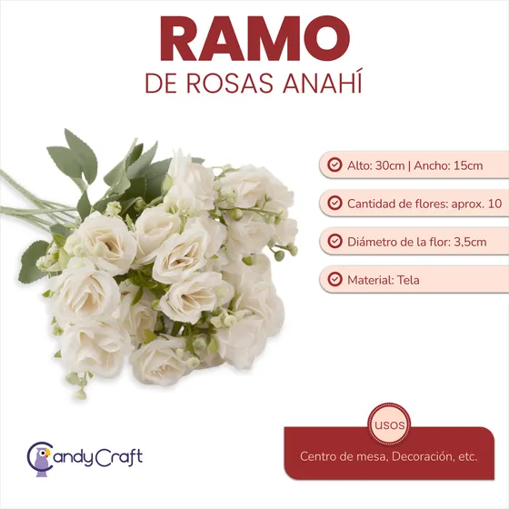Ramo De Rosas Artificiales Anahí 30cm - Ideal Centro De Mesa