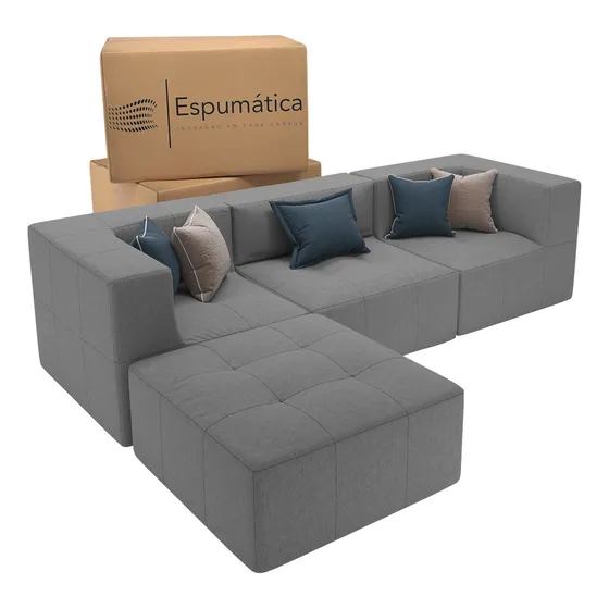 Puff Sofá Modular Cor Cinza 3 Lugares Com Chaise Bilateral, 2 Braços Estilo Contemporâneo Montagem Rápida E Conforto Para Ambientes Modernos