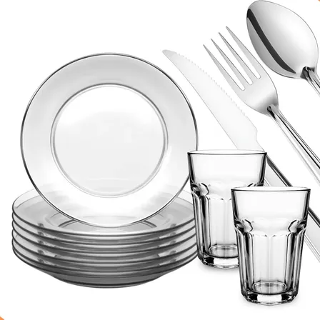 Aparelho De Jantar 30 Peças - Pratos + Copos + Talheres Beir Transparente Liso
