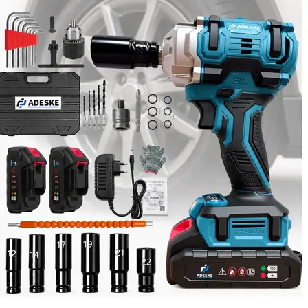Chave de Impacto Eletrica a Bateria Profissional 21V 450Nm Brushless 1/2" Chave Impacto Bateria ADESKE 2 Baterias 2000mAh Reversivel Velocidade Variavel Kit Completo Acessorios Soquetes LED Portatil