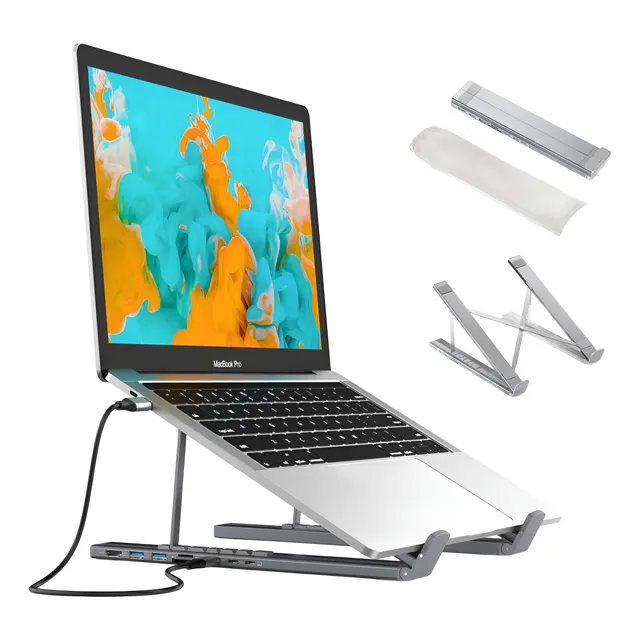 Soporte para Laptop DAPON HUB-M48: Concentrador USB-C 7 en 1, HDMI 4K, Carga Rápida PD, Ranuras SD/TF, Diseño Ergonómico y Portátil Color Plateado