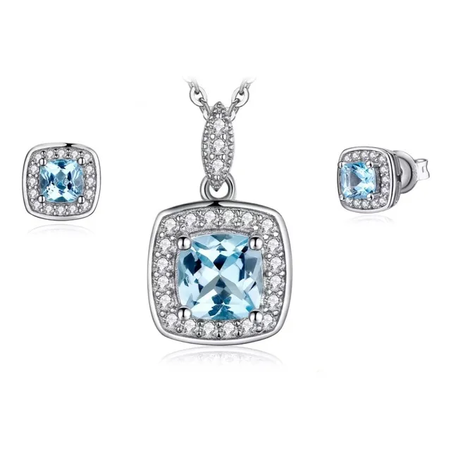 Set Collar Y Aretes En Plata 925 Con Topacio Azul