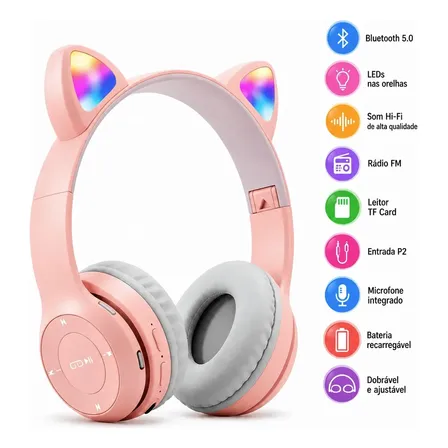 Fone De Ouvido Gatinho Bluetooth Infantil Led Sem Fio Rosa