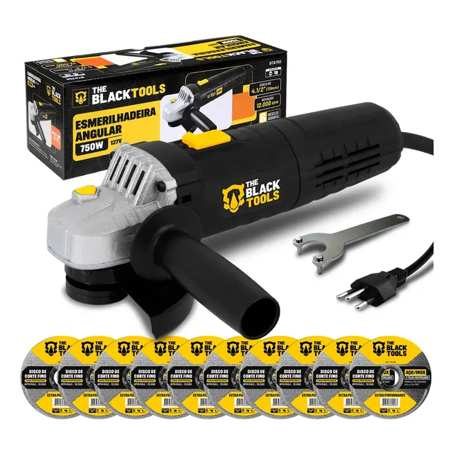 Esmerilhadeira Lixadeira Angular Bte750 4.1/2 750w Com Discos 4.1/2 The Black Tools Preto E Amarelo 220v 50/60hz