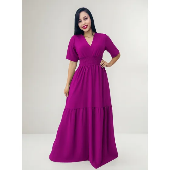 Vestido Longo Plus Size Babados 3 Marias Decote V E Lástex