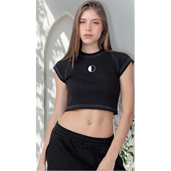 Crop Top Mujer Negro Algodon Calidad Premium Comodo